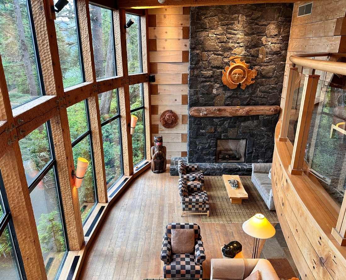 Lobby in the Pointe building as viewed from library at Wickaninnish Inn