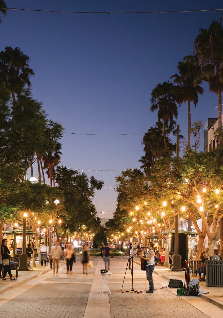 Third Street Promenade in Santa Monica, California, featuring iconic palm trees, string lights, and street performers