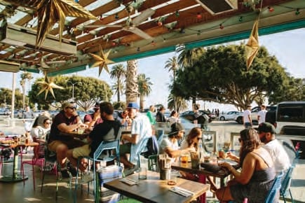 outdoor patio of Blue Plate Taco, a restaurant located on Ocean Avenue in Santa Monica, California