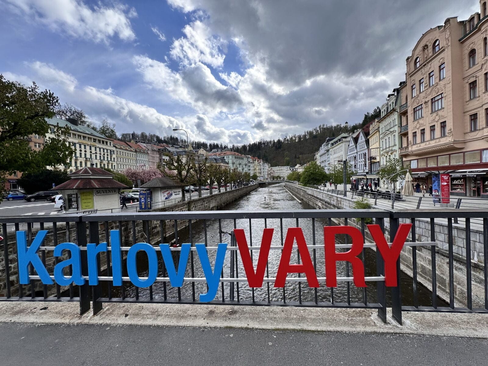 The narrow Tepla River separates Karlovy Vary, which has beautiful, historic buildings on both sides of it