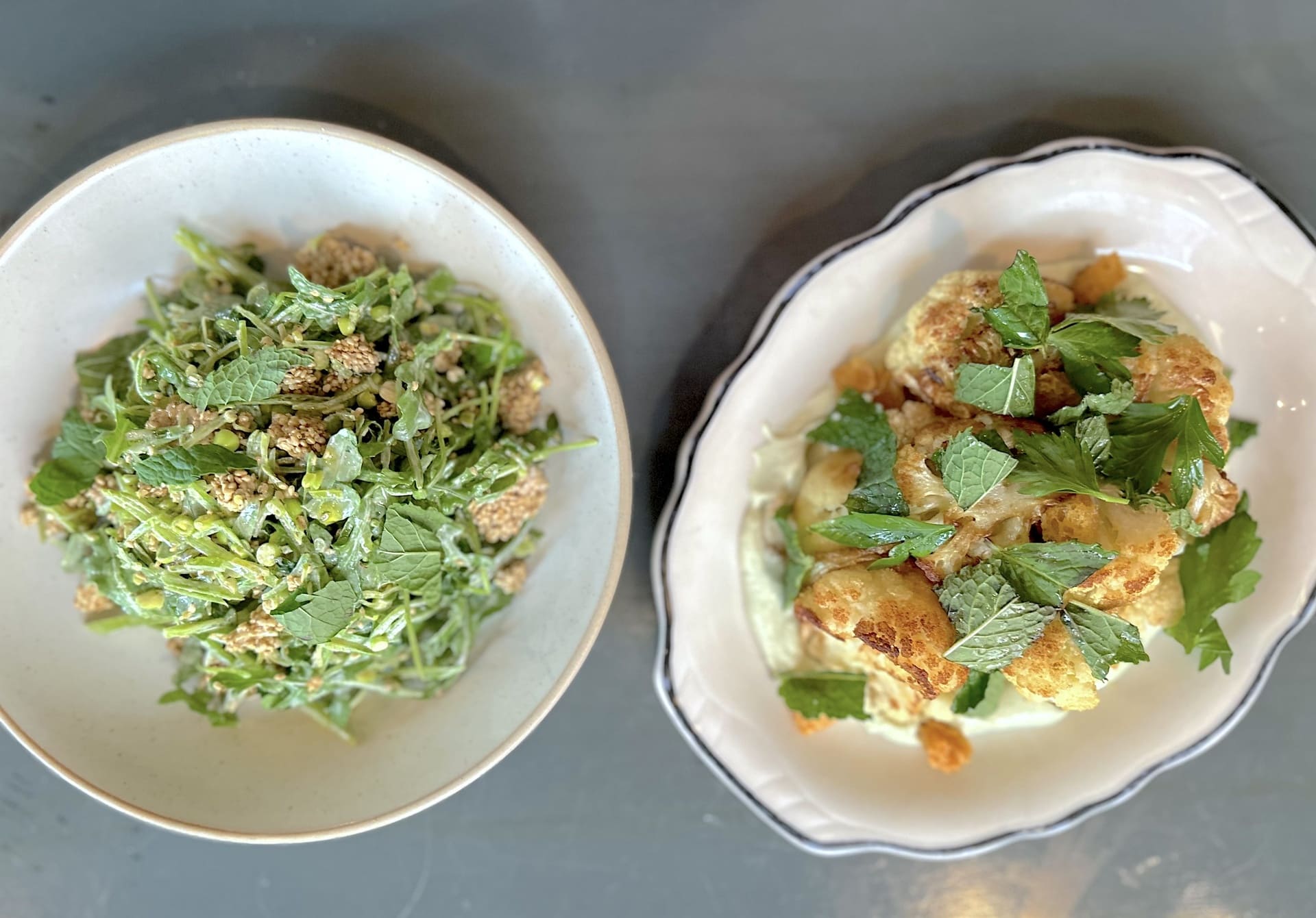 peashoot salad and fire-roasted cauliflower Brigitte Bar Where’s the Beef? How to Eat Vegetarian in Calgary - pea shoot salad and fire-roasted cauliflower at Bridgette Bar
