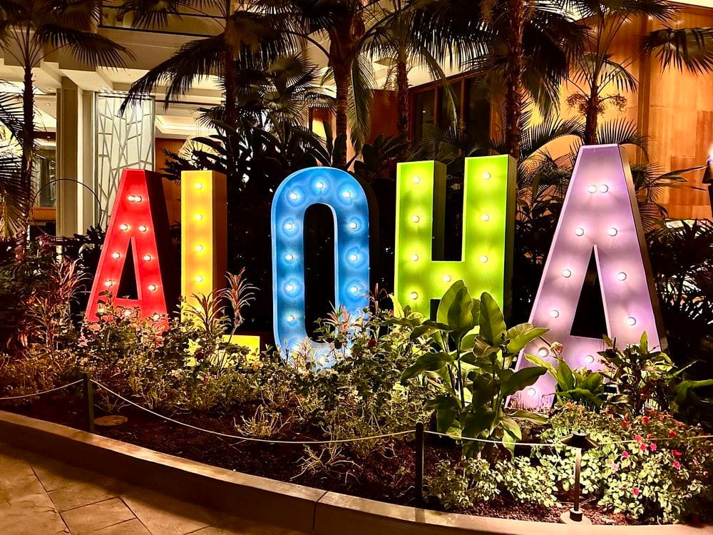 The Aloha sign in the lobby Hyatt Regency Maui Resort & Spa is a popular selfie spot.