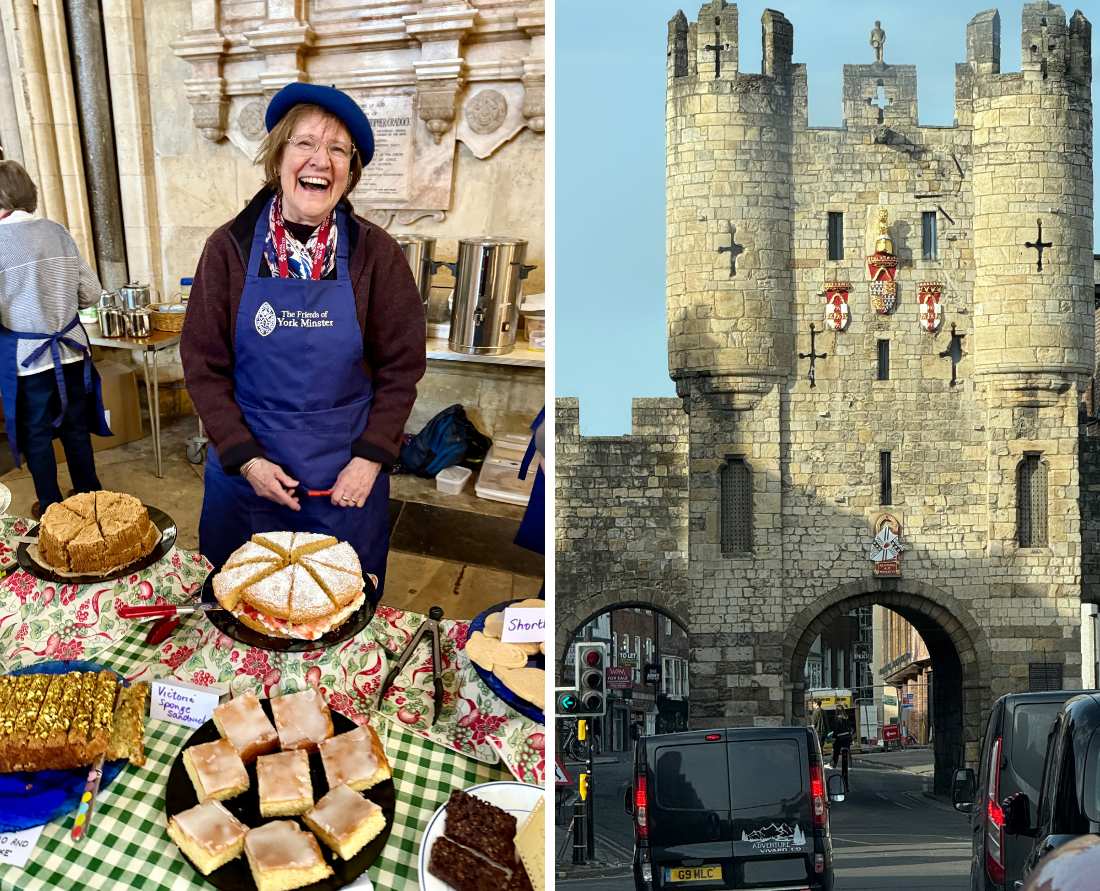 (Left) York Minster volunteer serves baked goods in the cathedral. (Right) The impressive York Gates