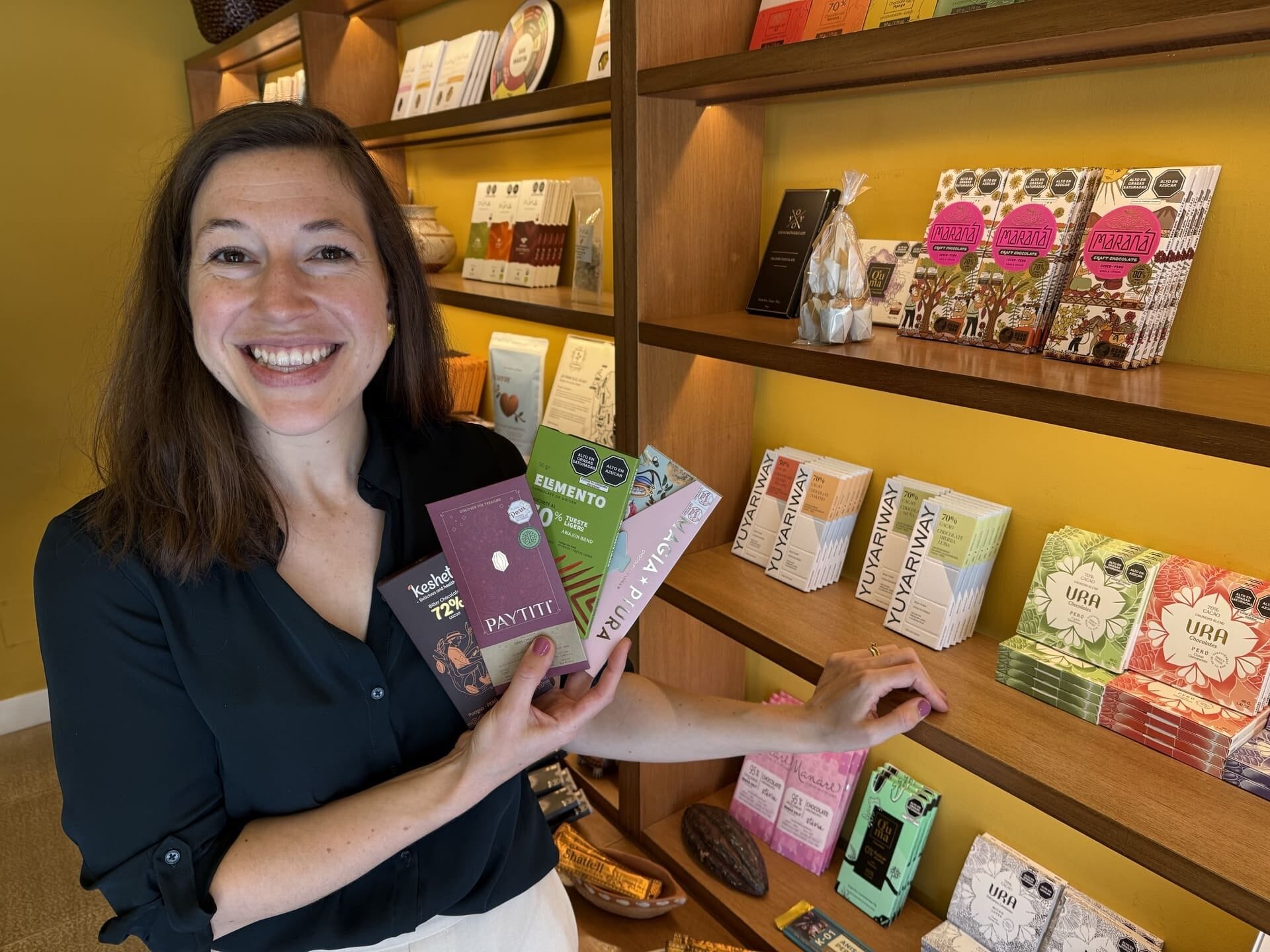 American-born Amanda Jo Wildey with some of the hard-to-find Peruvian chocolate available at Ciclos Café and El Cacaotal in the Barranco district of Lima