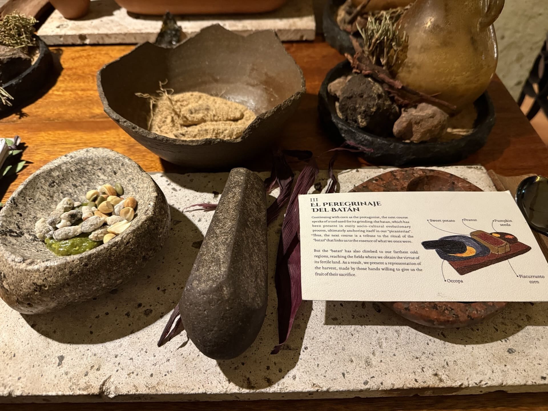 Clan in Arequipa explains the history of each dish with illustrated index cards. Each diner makes this peanut sauce with a traditional batan