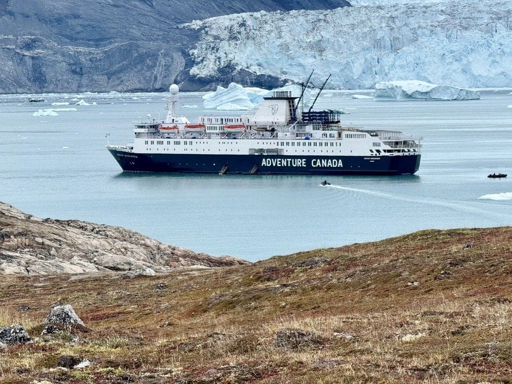 Zodiacs take hikers from the Ocean Endeavour to the tundra to hike on Disko Island