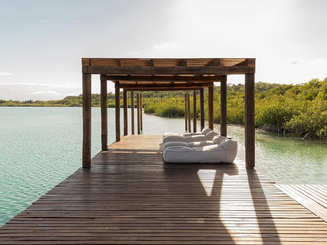 wooden dock at the Boca de Agua resort in Bacalar, Mexico